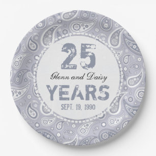 Assiettes En Carton Motif de Paisley, 25e anniversaire d'Mariage d'arg