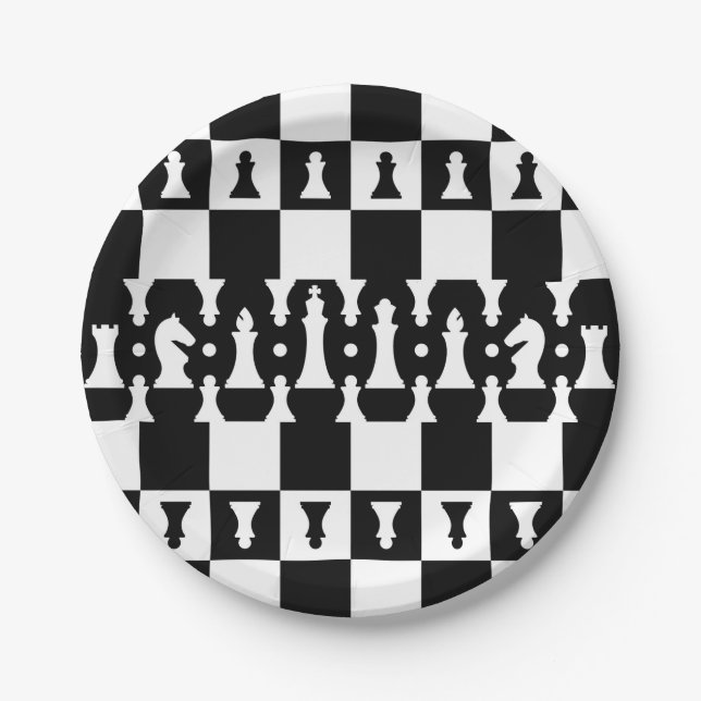 Assiettes En Carton Motif de pièces d'échecs - noir et blanc (Devant)