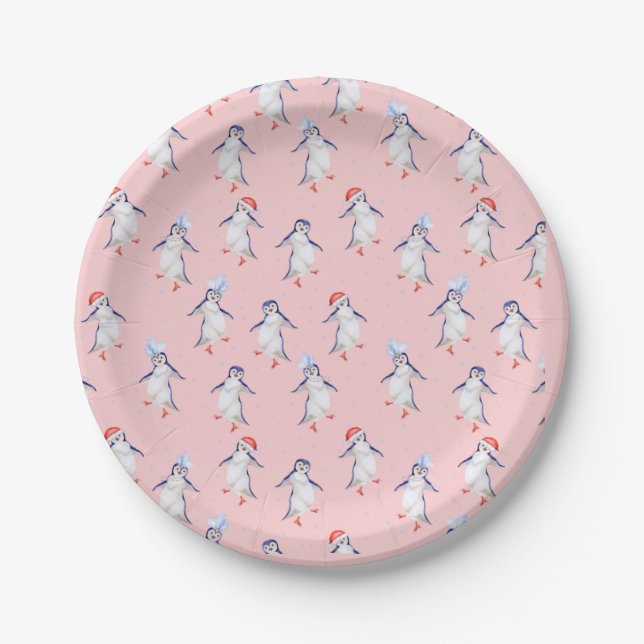 Assiettes En Carton Motif de pingouins dansants de Noël (Devant)