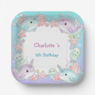 Assiettes En Carton Motif de poisson narval mignon aquarelle sous la m