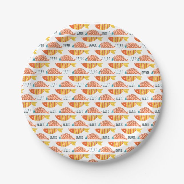 Assiettes En Carton Motif de poissons de natation d'art populaire (Devant)