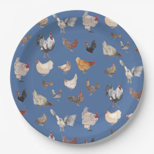 Assiettes En Carton Motif de poulet heureux sur Denim Blue