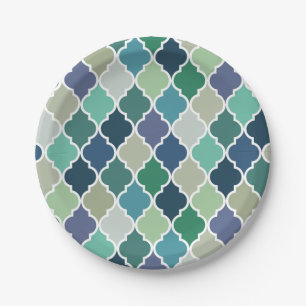 Assiettes En Carton Motif de quatrefoil bleu, vert et turquoise