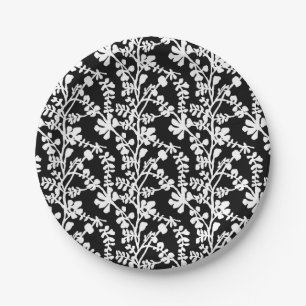 Assiettes En Carton Motif de répétition Floral noir et blanc