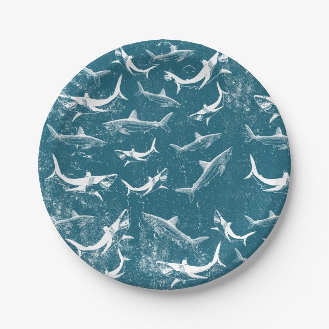 Assiettes En Carton Motif de requins bleus en détresse (Devant)