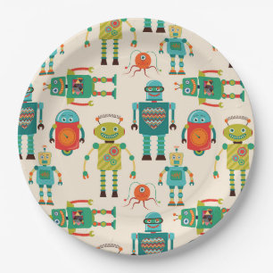 Assiettes En Carton Motif de robots rétro colorés