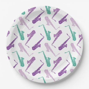 Assiettes En Carton Motif de saxophone - pourpre et Teal