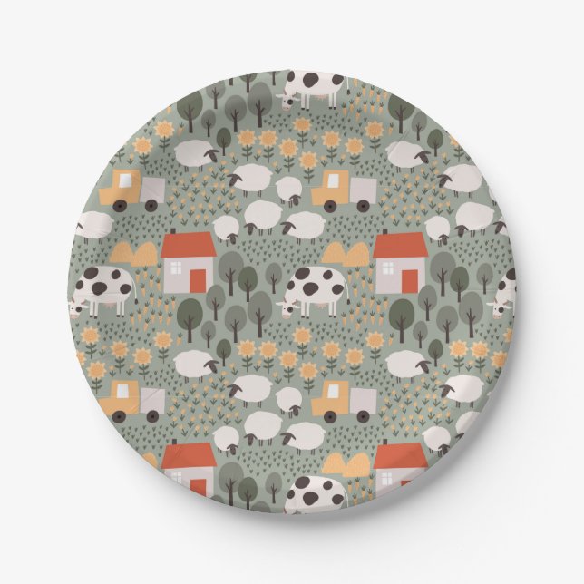 Assiettes En Carton Motif de scène de ferme mignonne (Devant)