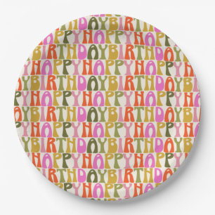 Assiettes En Carton Motif de texte Joyeux Anniversaire Rétro Coloré Mi