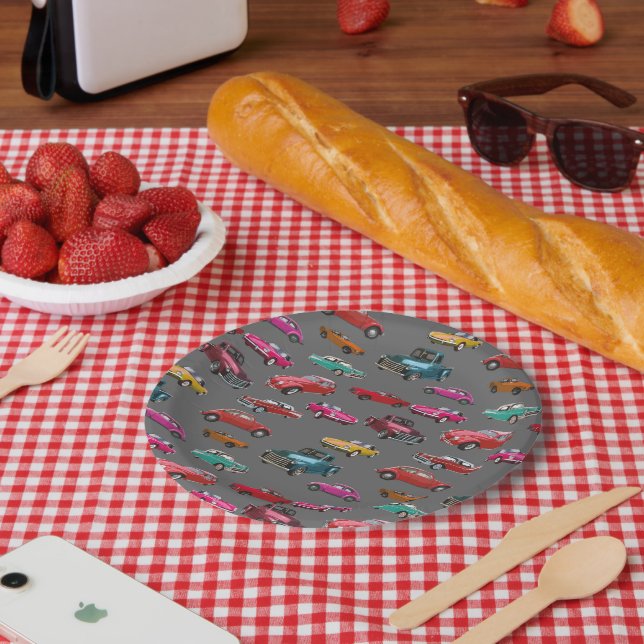 Assiettes En Carton Motif De Voitures Et Camions Rétro (Pique-nique)