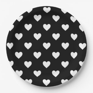 Assiettes En Carton Motif des Coeurs Noir et Blanc
