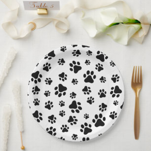Assiettes En Carton Motif des pattes, pattes de chien, noir et blanc