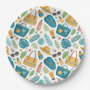 Assiettes En Carton Motif d'essentiels de plage estivale (1)