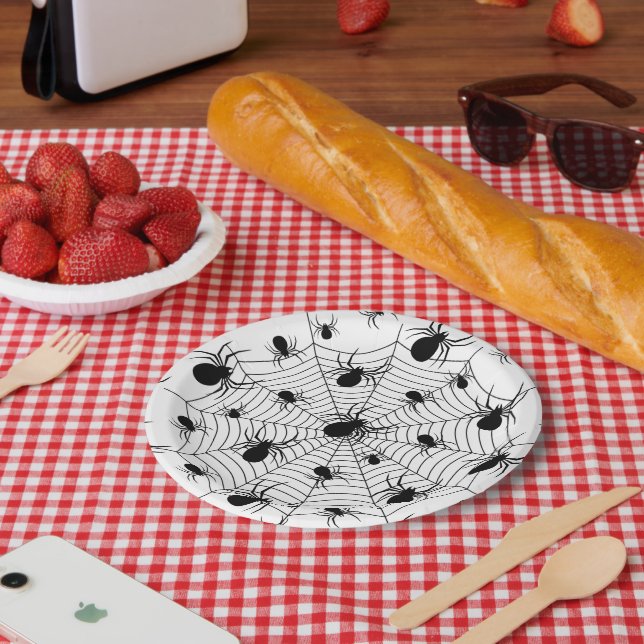Assiettes En Carton Motif d'Halloween Black White araignées (Pique-nique)