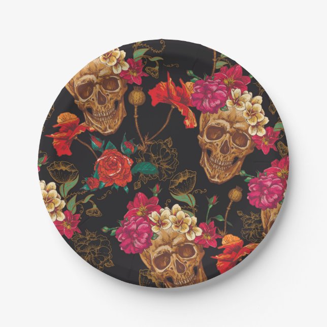 Assiettes En Carton Motif d'Halloween, crânes, rose, gothique, noir, t (Devant)