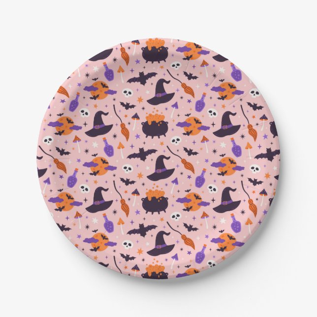 Assiettes En Carton Motif d'Halloween mou et rose (Devant)