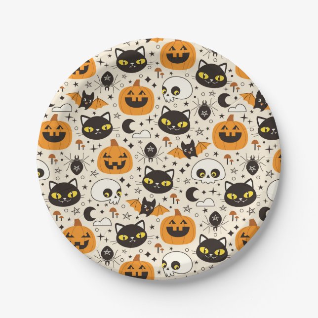 Assiettes En Carton Motif d'Halloween rétro (Devant)