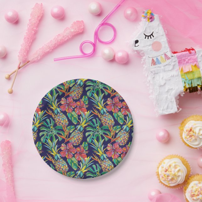 Assiettes En Carton Motif d'hibiscus à ananas tropicaux (Fête)