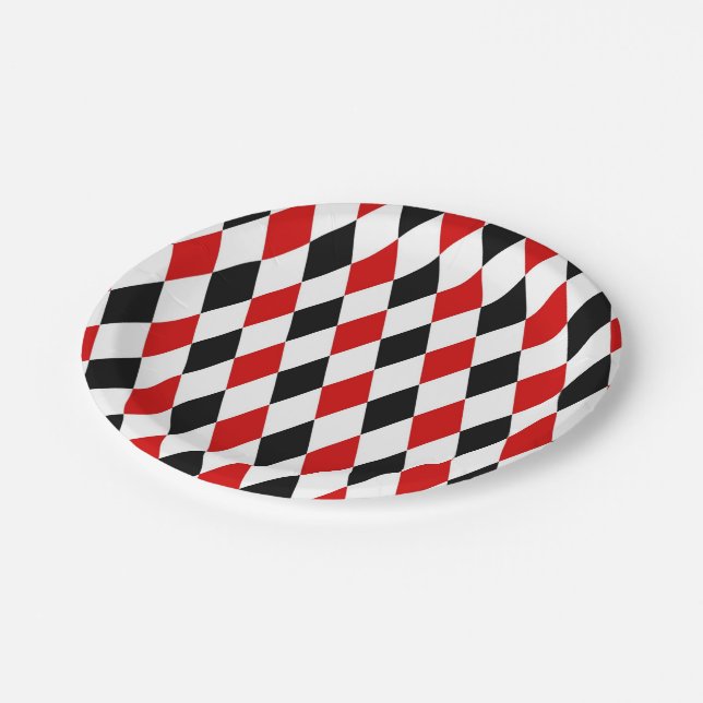 Assiettes En Carton Motif diamant rouge blanc arlequin noir (Angle)