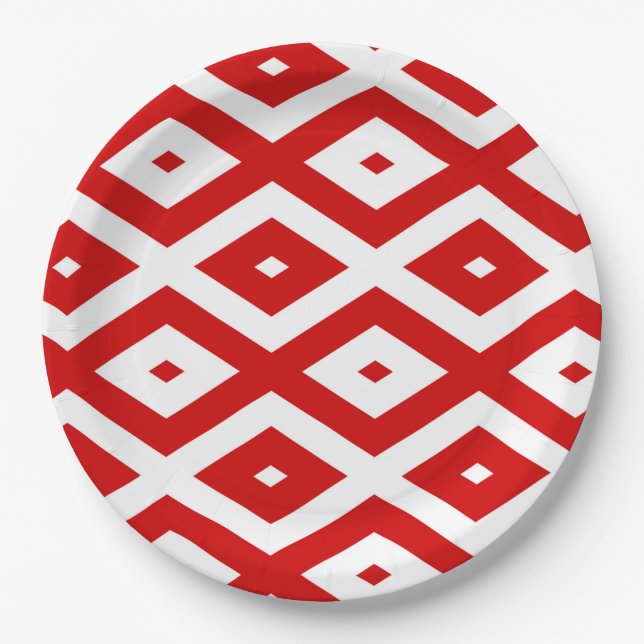 Assiettes En Carton Motif diamant rouge et blanc (Devant)