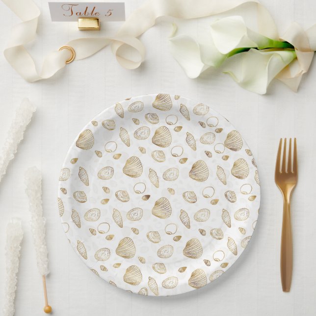 Assiettes En Carton Motif élégant Gold White Seashells (Mariage)