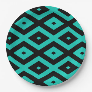 Assiettes En Carton Motif en diamant noir et turquoise