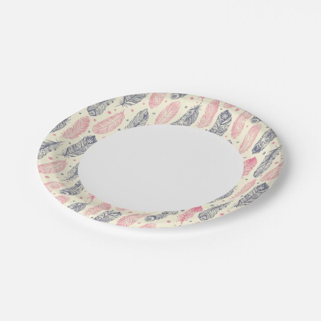 Assiettes En Carton Motif Ethnique De Plumes Rose Et Violet (Angle)