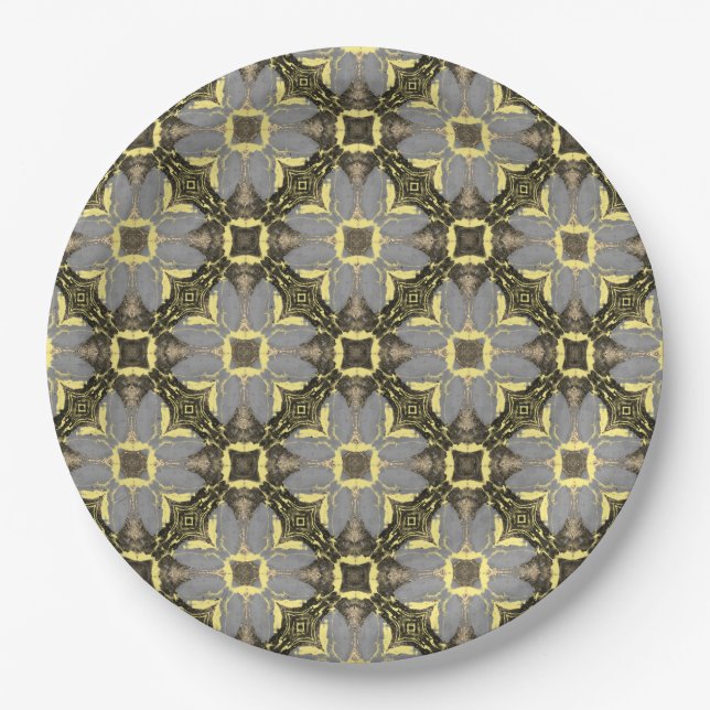 Assiettes En Carton Motif Fleurs Jaunes, Gris et Noires (Devant)