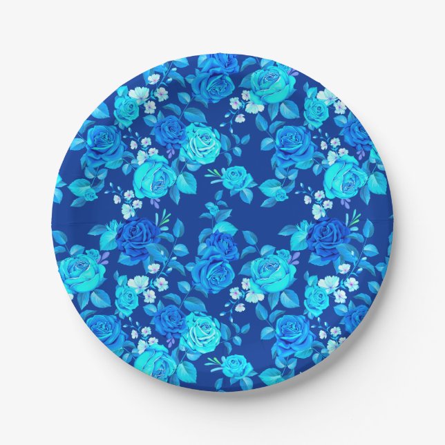 Assiettes En Carton Motif Fleurs Rose Bleue Classique-87600 (Devant)