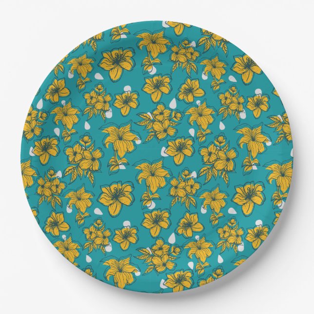 Assiettes En Carton Motif Fleurs Turquoises jaunes (Devant)