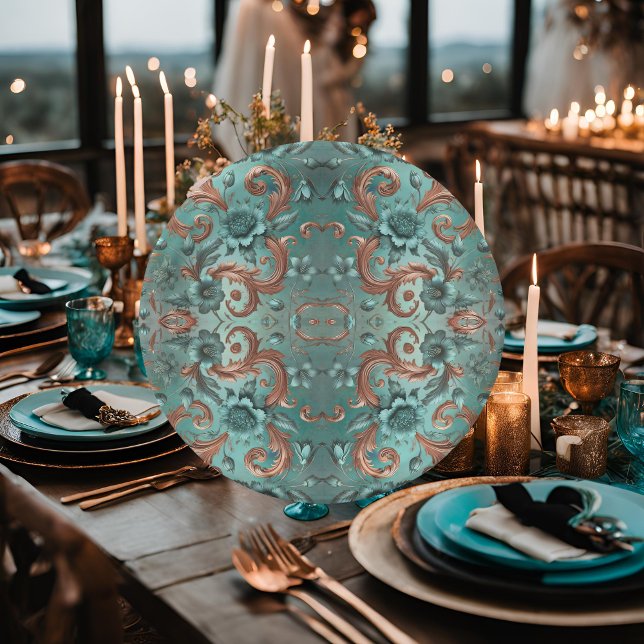 Assiettes En Carton Motif floral élégant cuivre et turquoise (Créateur téléchargé)