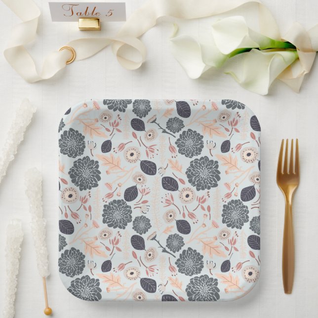 Assiettes En Carton Motif floral élégant gris bleu pêche (Mariage)