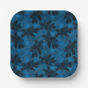 Assiettes En Carton Motif floral gris et bleu.