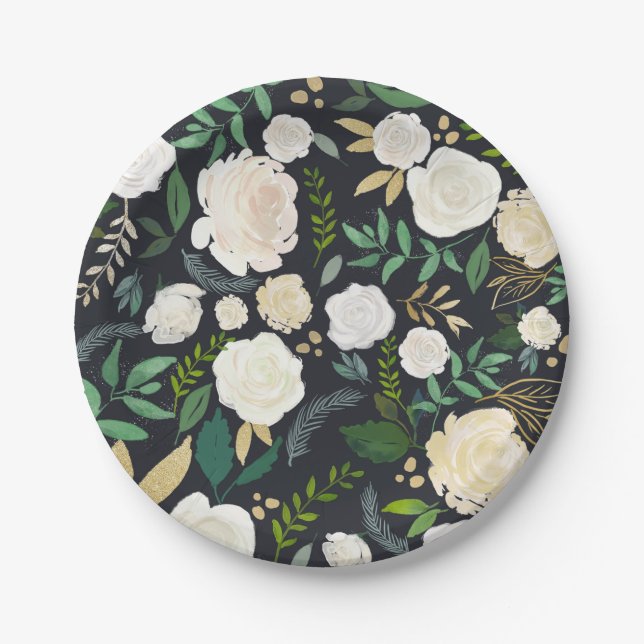 Assiettes En Carton Motif floral ivoire doux avec feuillage noir (Devant)