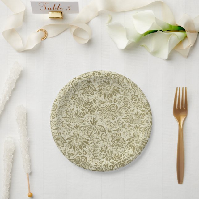 Assiettes En Carton Motif Floral Vert Sage Antique Damas (Mariage)