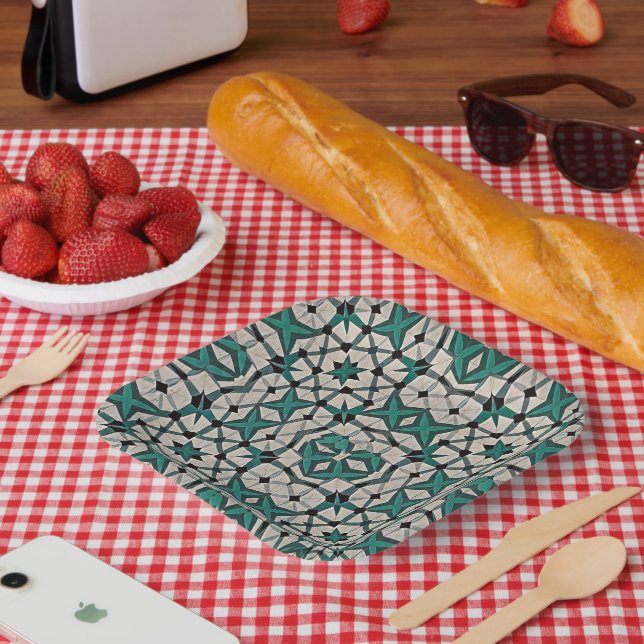 Assiettes En Carton Motif géométrique abstrait à axe émeraude 1284 (Pique-nique)