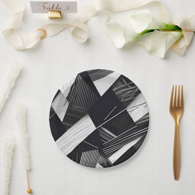 Assiettes En Carton Motif géométrique noir et blanc foncé Abstrait (Mariage)