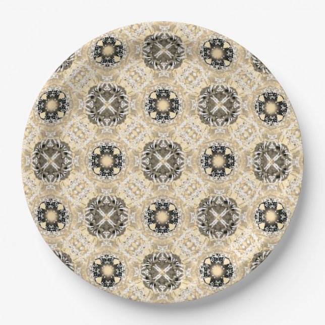 Assiettes En Carton Motif Gold, Beige, Taupe & Pierres noires (Devant)