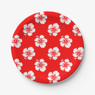 Assiettes En Carton Motif Hawaïen Hibiscus Rouge et blanc