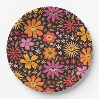 Assiettes En Carton Motif hippie psychédélique années 70 Fleur œil Psy