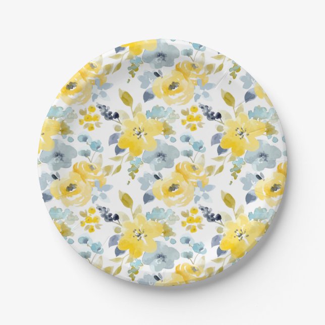 Assiettes En Carton Motif jaune et bleu d'aquarelle (Devant)