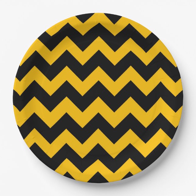 Assiettes En Carton Motif Jaune Noir Chevron Zigzag (Devant)