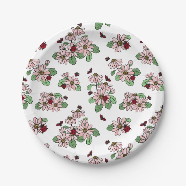 Assiettes En Carton Motif Ladybugs et marguerites roses (Devant)