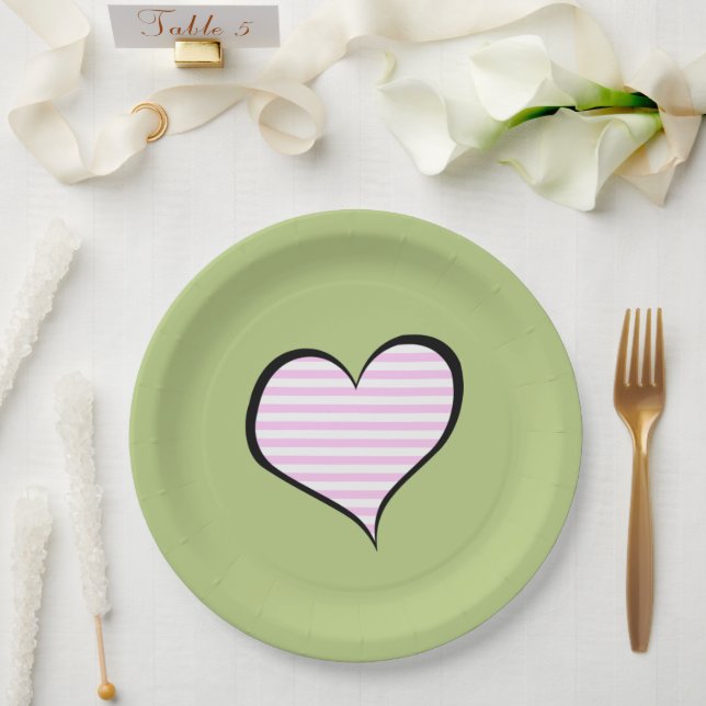 Assiettes En Carton Motif, Lignes, Coeur, Rayures roses (Mariage)