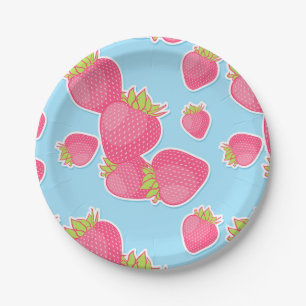 Assiettes En Carton Motif lunatique de fraise sur le bleu
