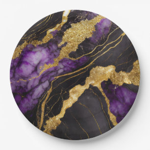 Assiettes En Carton Motif marbre noir violet avec or