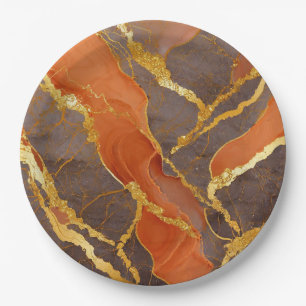 Assiettes En Carton Motif marbre orange avec or