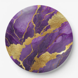 Assiettes En Carton Motif marbre violet avec or