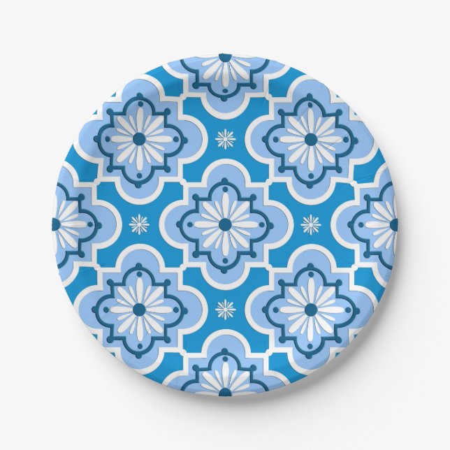 Assiettes En Carton Motif marocain de tuile - bleu et blanc (Devant)