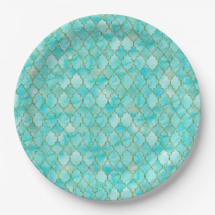 Assiettes En Carton Motif Marocain Gold et Aqua